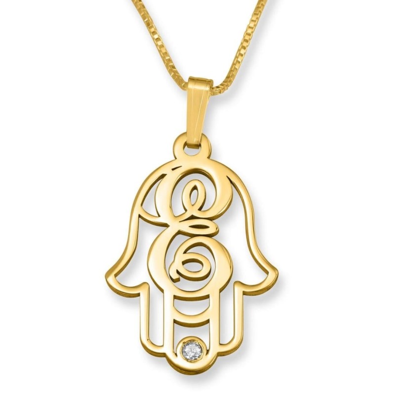 24K Yellow Gold Plated Swarovski Hamsa Initial Necklace with Birthston