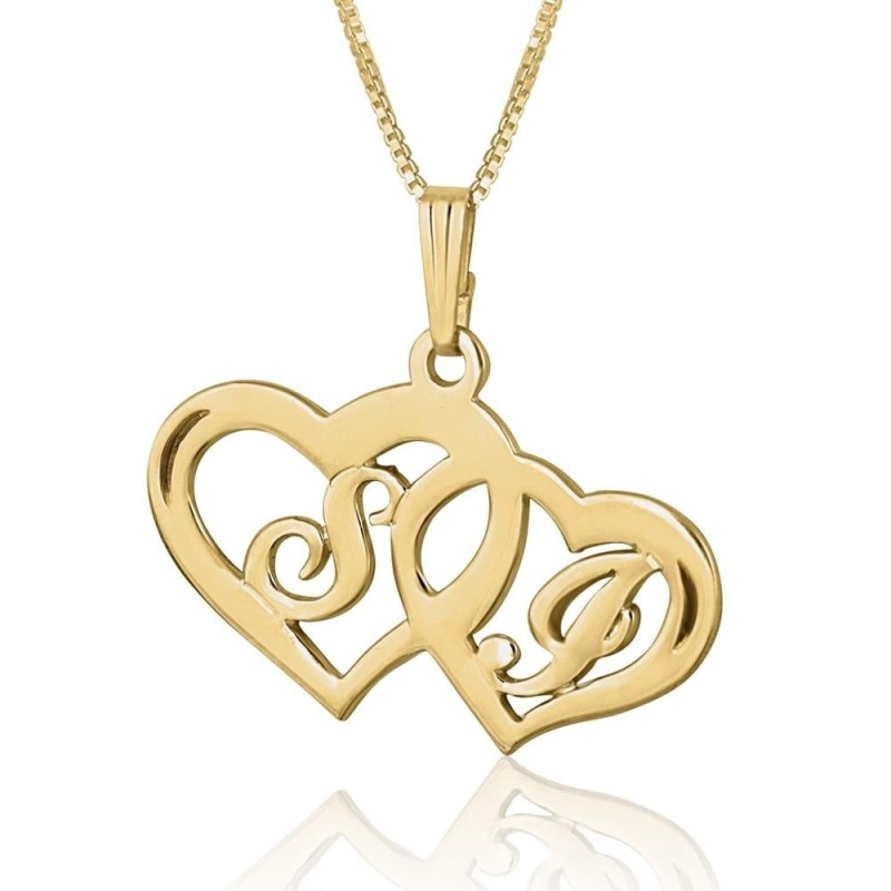 24K Gold Plated Silver Double Heart Necklace with Personalized Initial