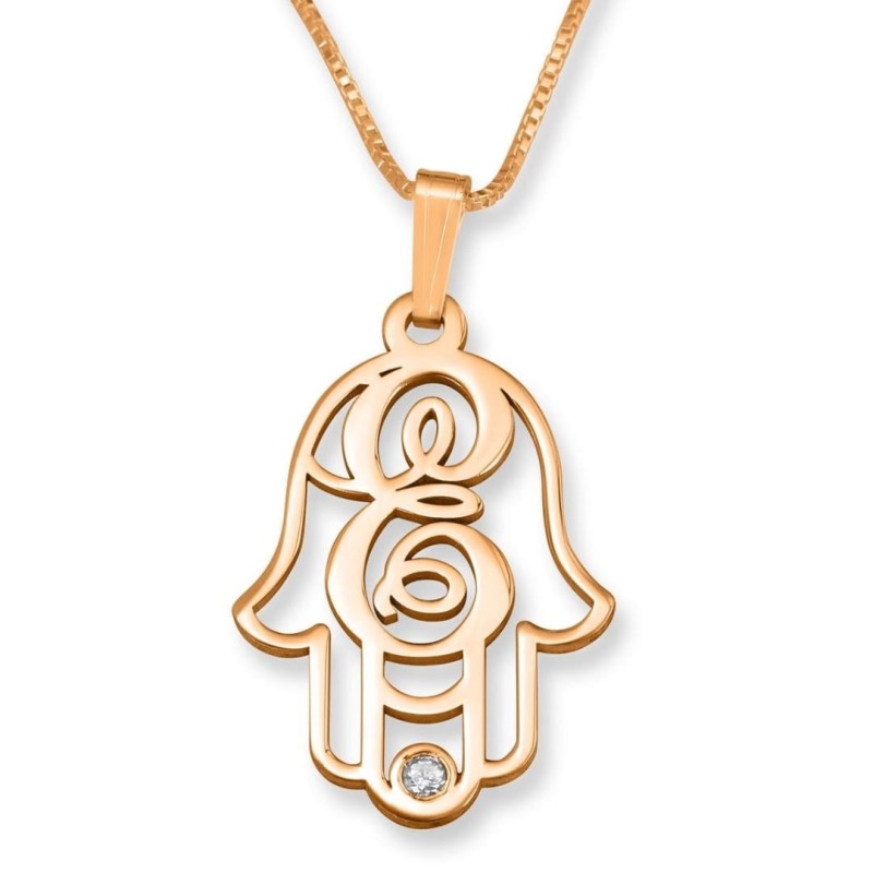 24K Rose Gold Plated Swarovski Hamsa Initial Necklace with Birthstone