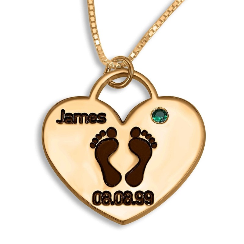 Double Thickness Gold Plated Baby's Footprints Mom Necklace with Name,