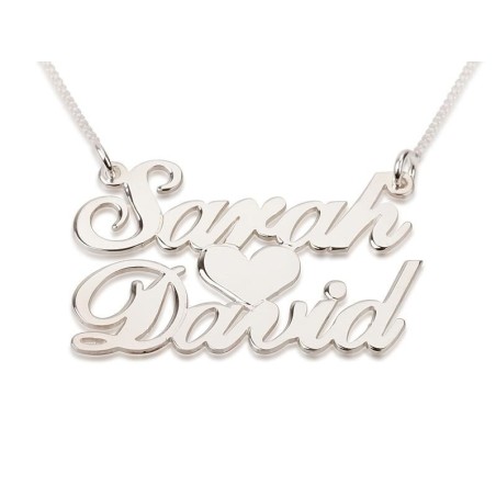 Silver 2-Name Necklace in English with Heart (Victorian Script)