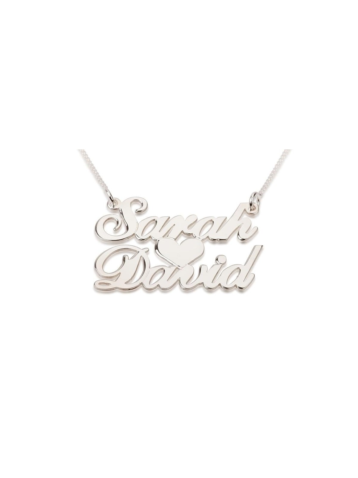 Silver 2-Name Necklace in English with Heart (Victorian Script)