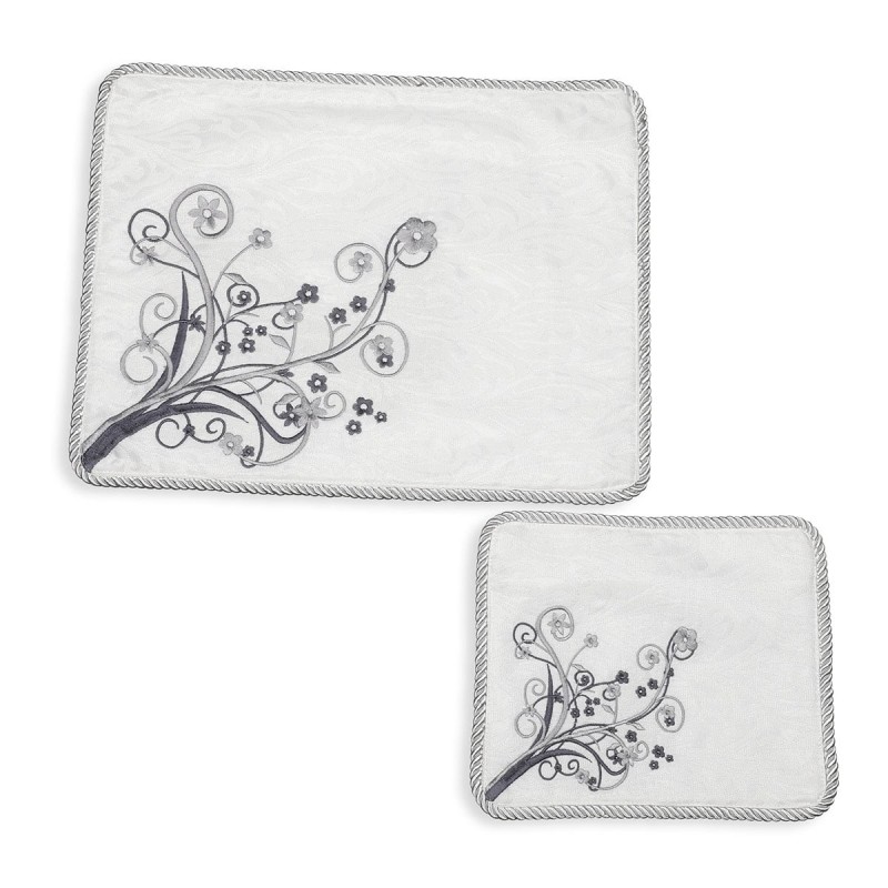 White Tallit and Tefillin Bag Set With Elaborate Floral Design