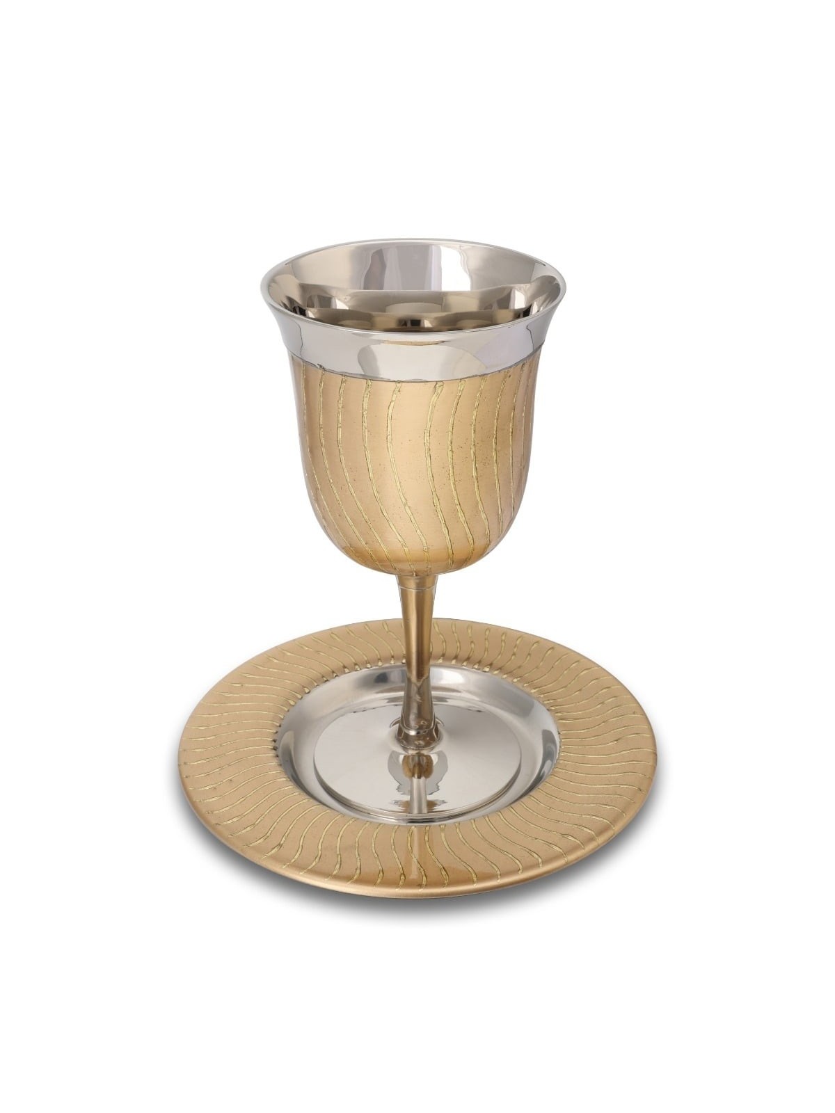Classic Wave-Patterned Stainless Steel Kiddush Cup and Saucer