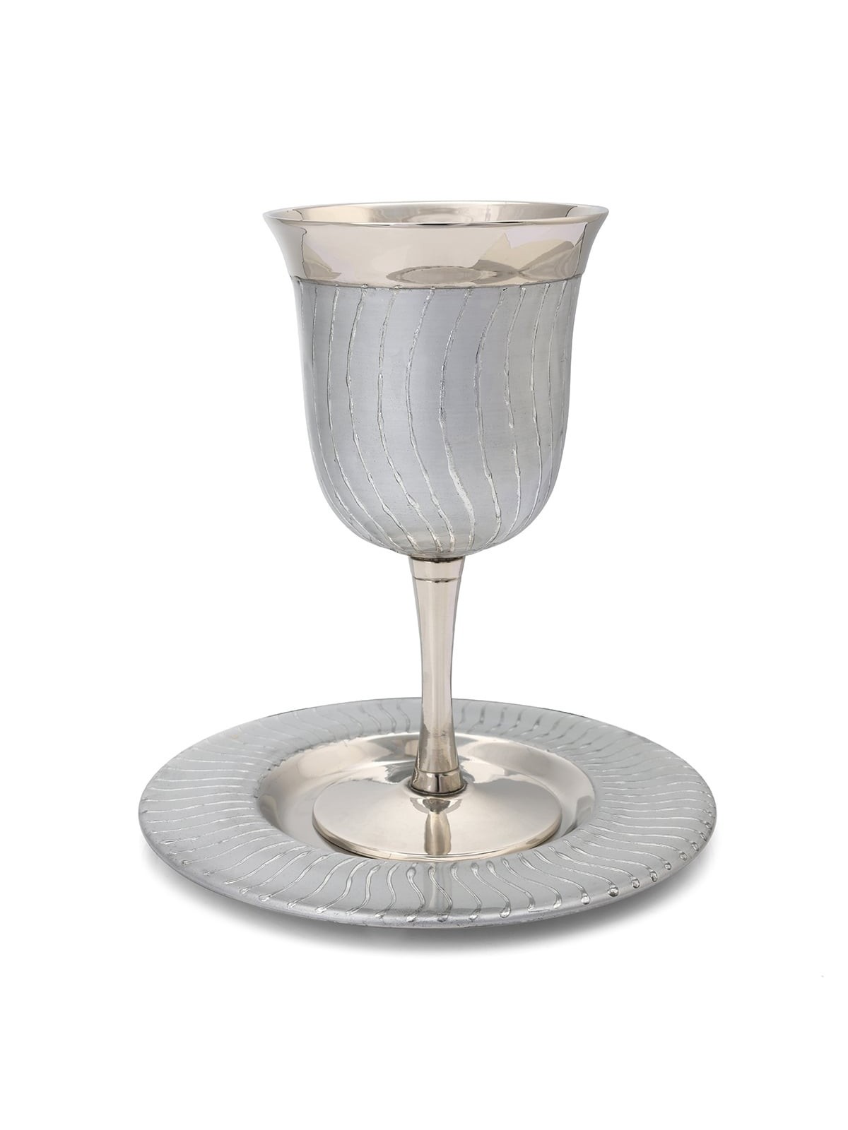Classic Wave-Patterned Stainless Steel Kiddush Cup and Saucer