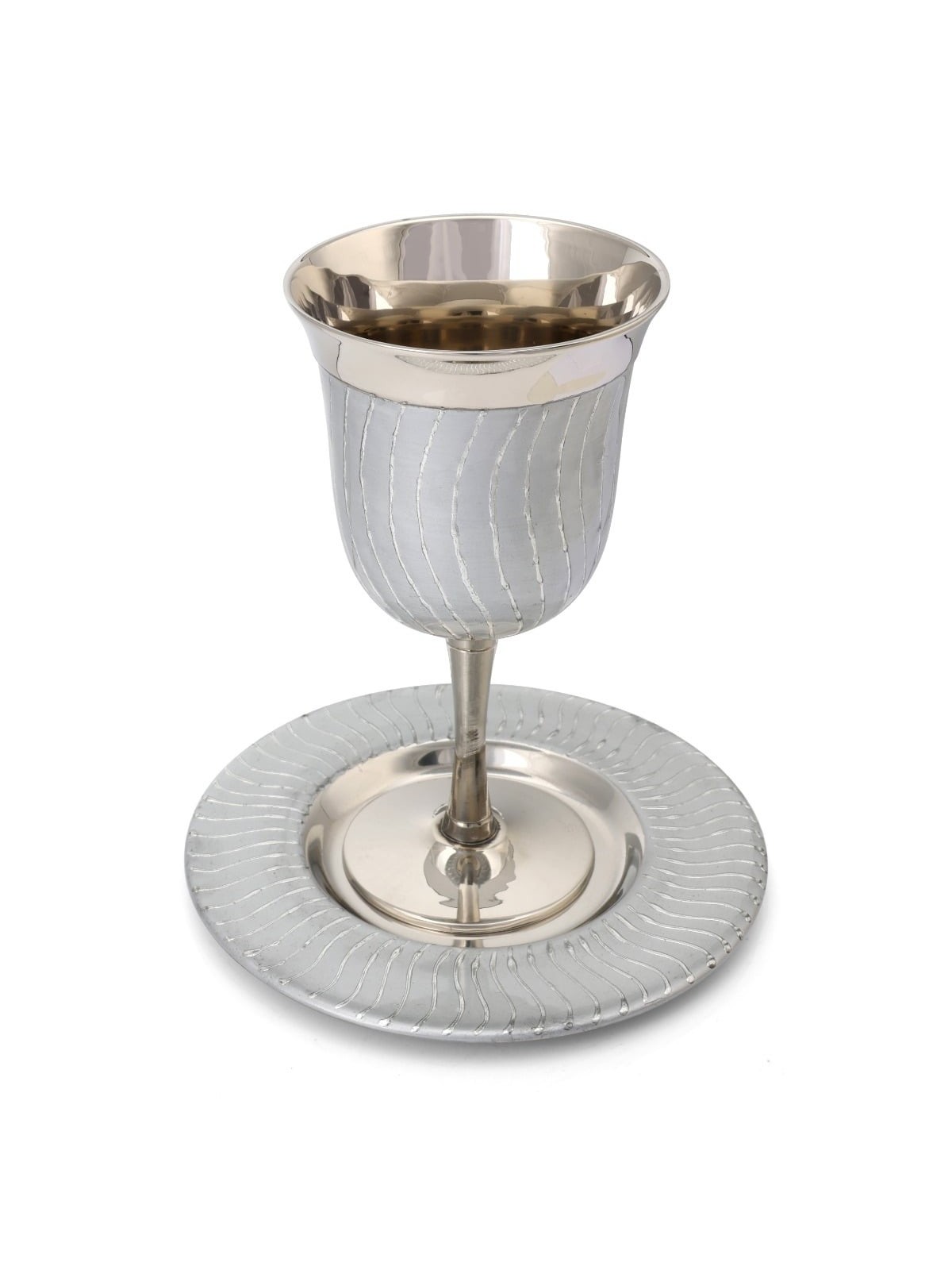 Classic Wave-Patterned Stainless Steel Kiddush Cup and Saucer