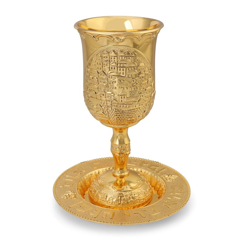 Gold-Plated Jerusalem Kiddush Cup Set