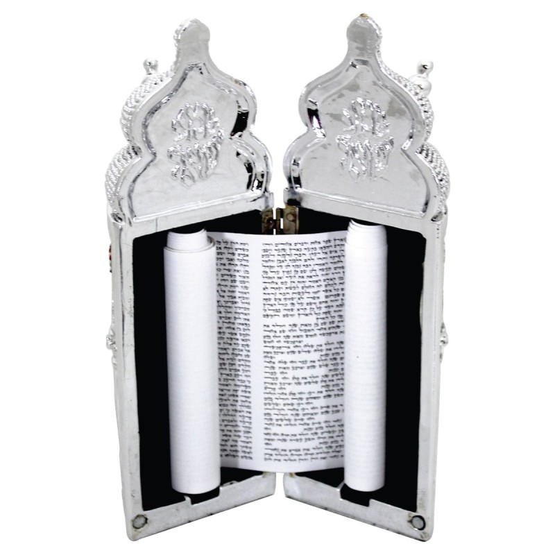 Silver-Plated Jerusalem Sephardic Torah Scroll Replica with Hoshen