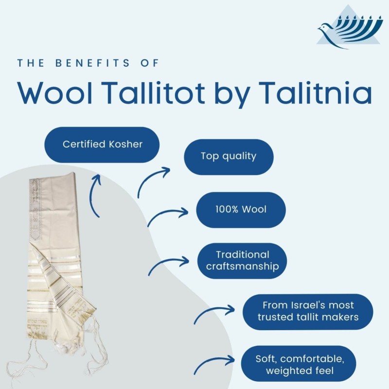 Talitnia Traditional Pure Wool Tallit - White with Gold Stripes
