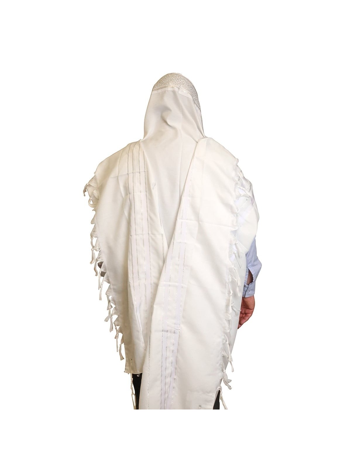 White Acrylic Tallit (Prayer Shawl) with Silver Stripes and Baroque-Pa