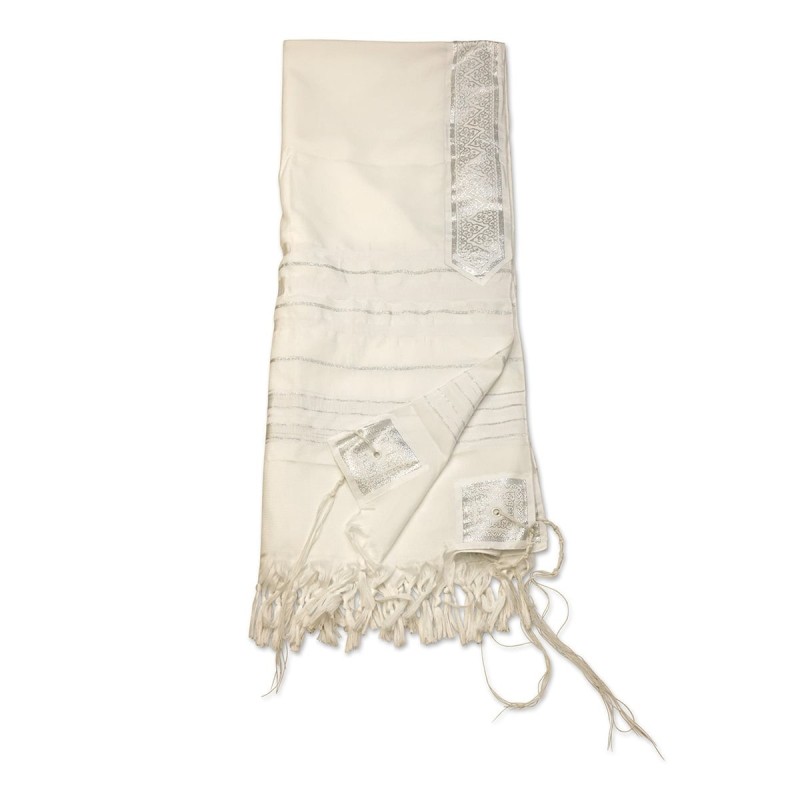 White Acrylic Tallit (Prayer Shawl) with Silver Stripes and Baroque-Pa