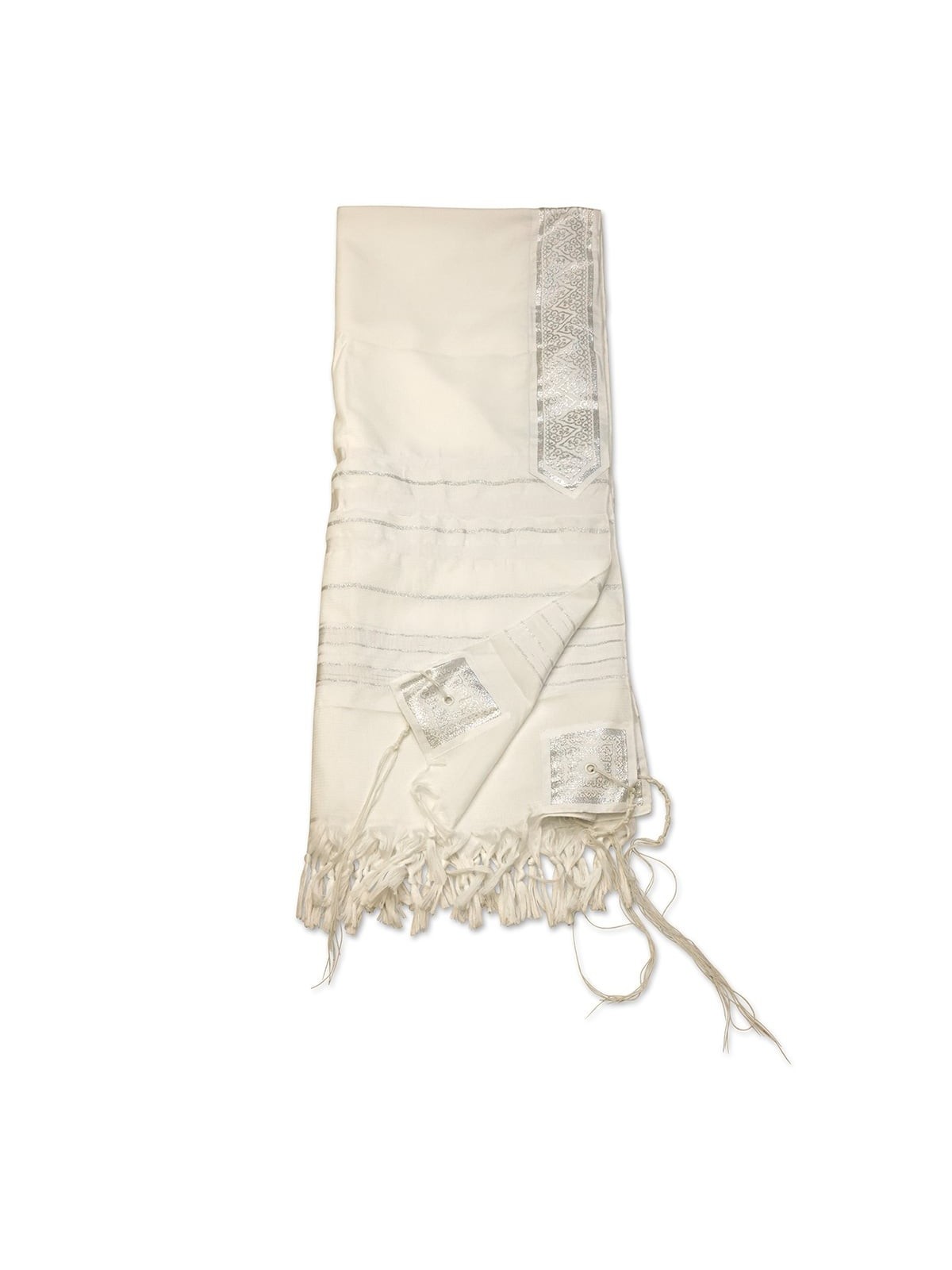 White Acrylic Tallit (Prayer Shawl) with Silver Stripes and Baroque-Pa