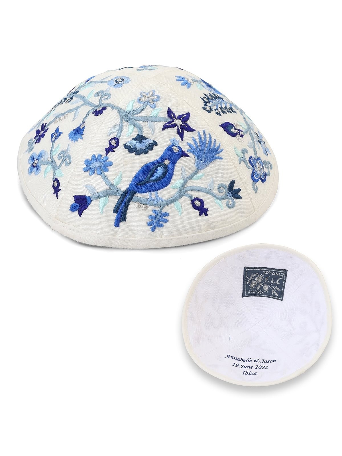 Personalized Embroidered Silk Kippah - Pomegranates and Birds