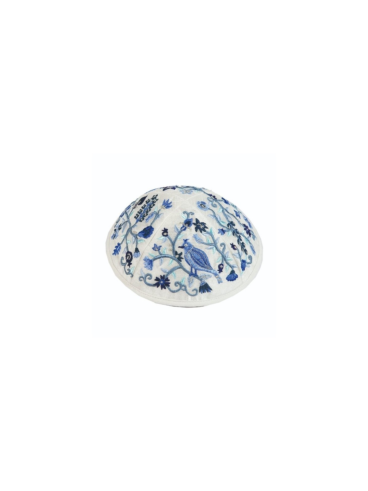 Personalized Embroidered Silk Kippah - Pomegranates and Birds