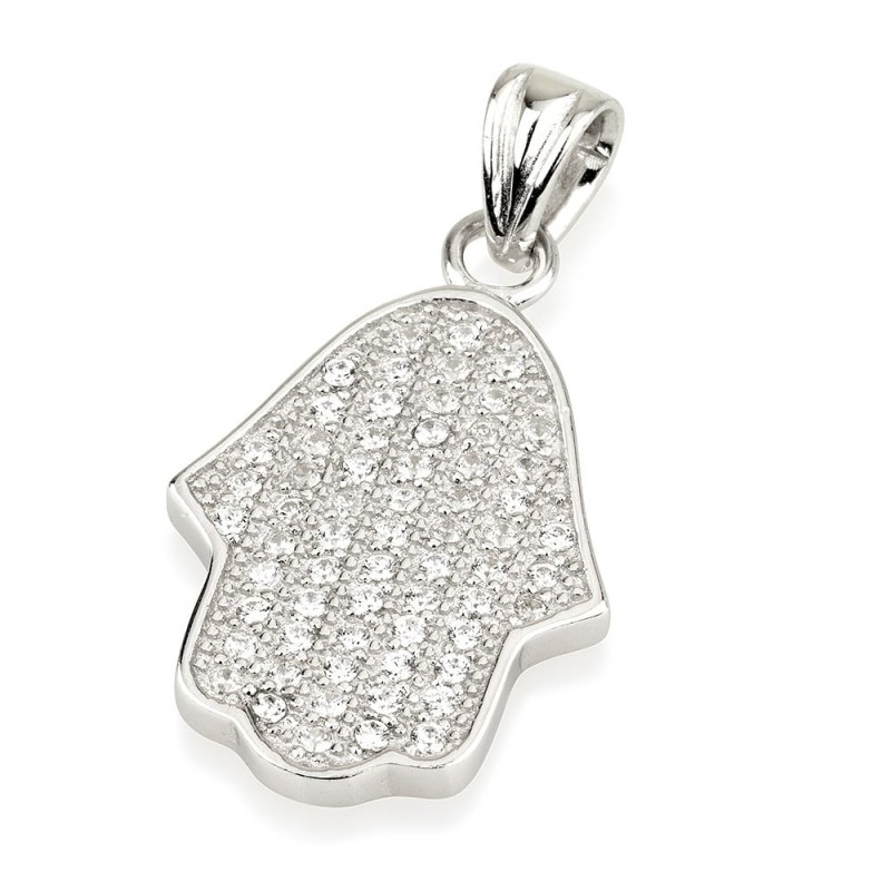 Sterling Silver Hamsa Pendant Necklace With Zircon Stones