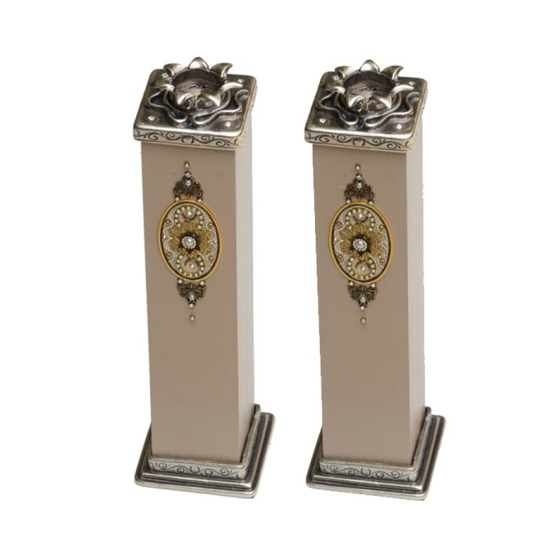 Wood Pewter Candlesticks by Ester Shahaf | Jewish Gift from Israel