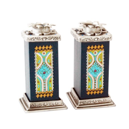 Ester Shahaf Turquoise Black Candlesticks | Jewish Gift from Israel