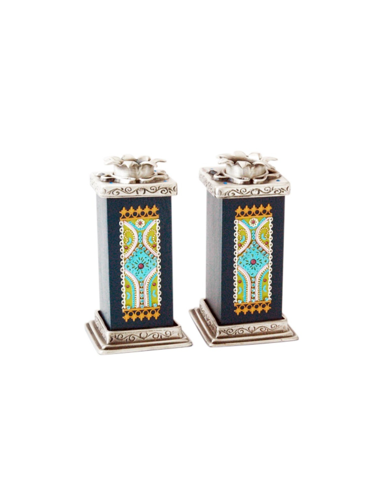 Ester Shahaf Turquoise Black Candlesticks | Jewish Gift from Israel