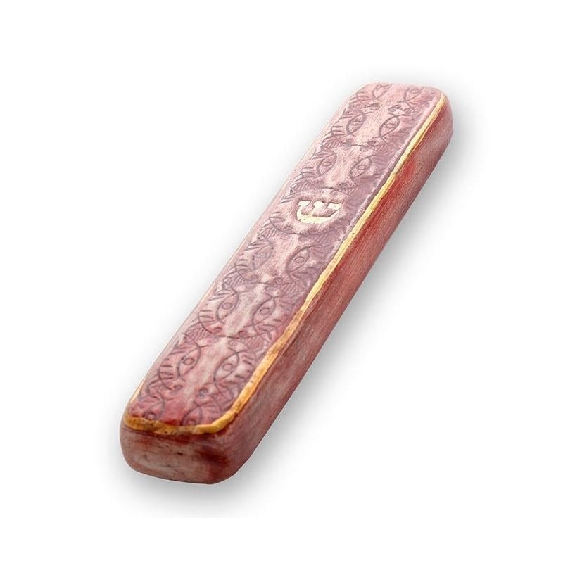 Art in Clay Handmade Bezalel Pattern Ceramic Mezuzah with 24K Gold
