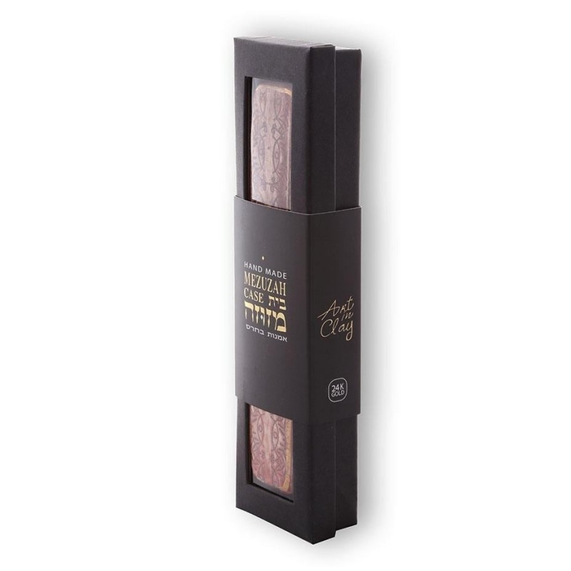Art in Clay Handmade Bezalel Pattern Ceramic Mezuzah with 24K Gold
