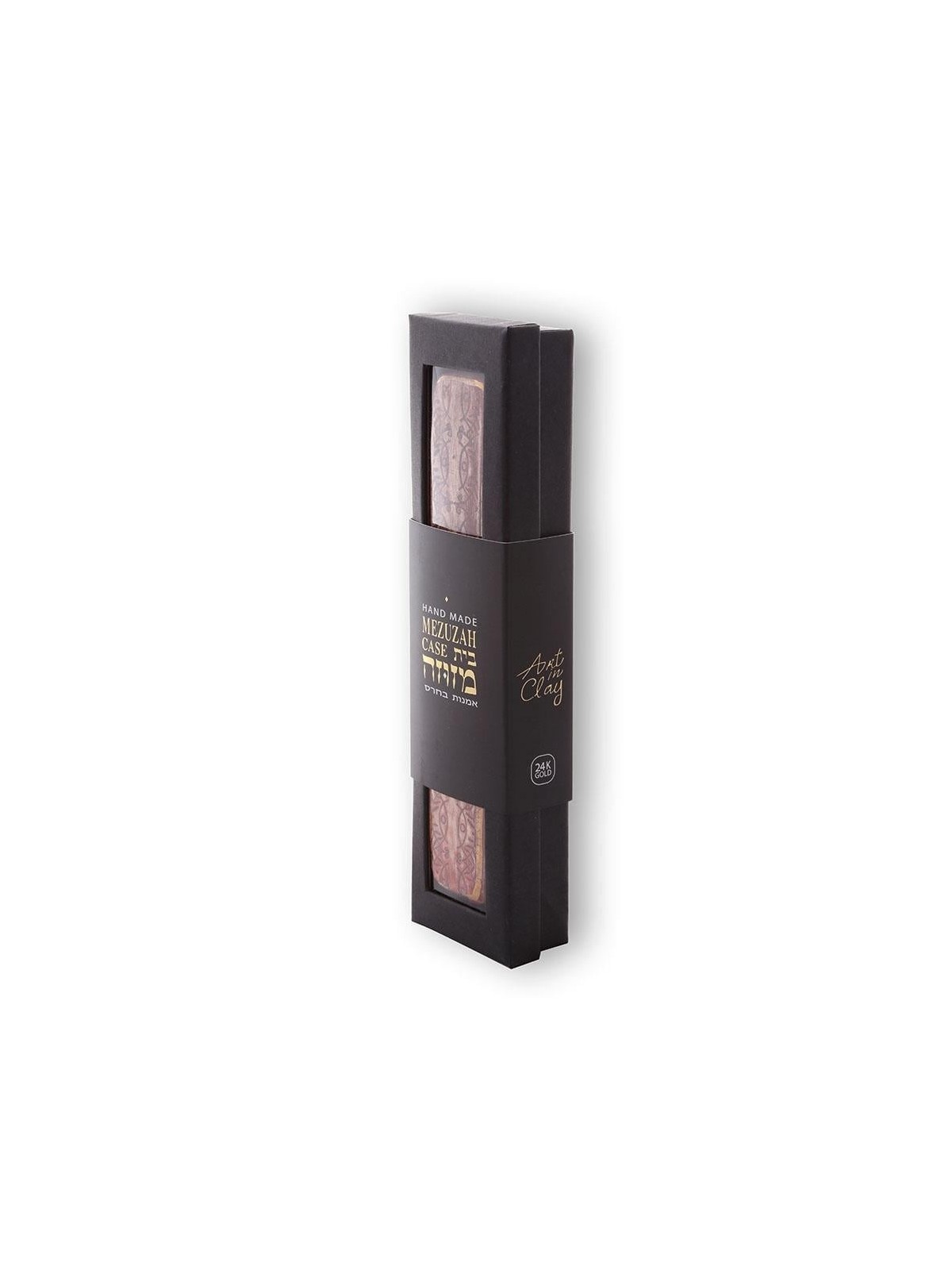 Art in Clay Handmade Bezalel Pattern Ceramic Mezuzah with 24K Gold