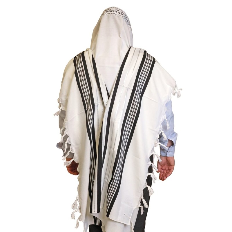 Talitnia Traditional Pure Wool Tallit Black with Silver Stripes