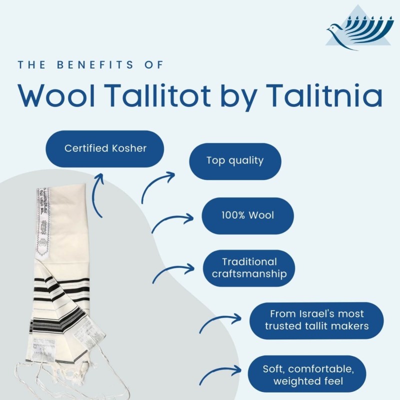 Talitnia Traditional Pure Wool Tallit Black with Silver Stripes