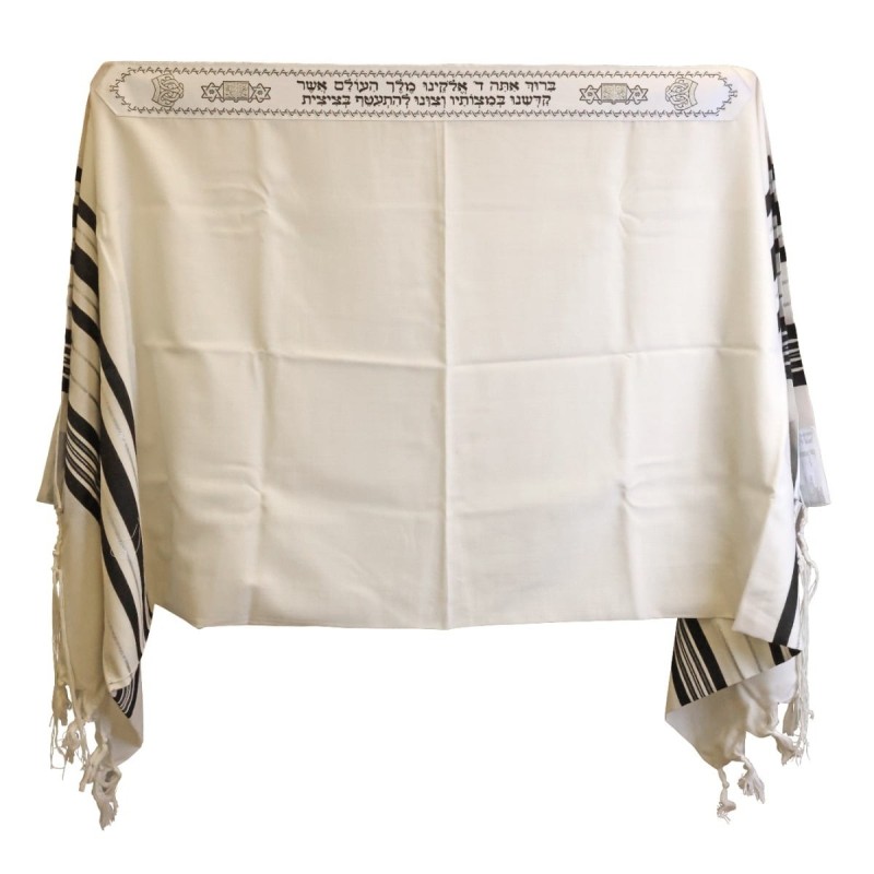 Talitnia Traditional Pure Wool Tallit Black with Silver Stripes