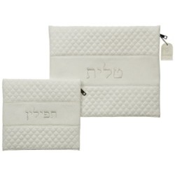 Embroidered White Faux Leather Tallit & Tefillin Bag Set