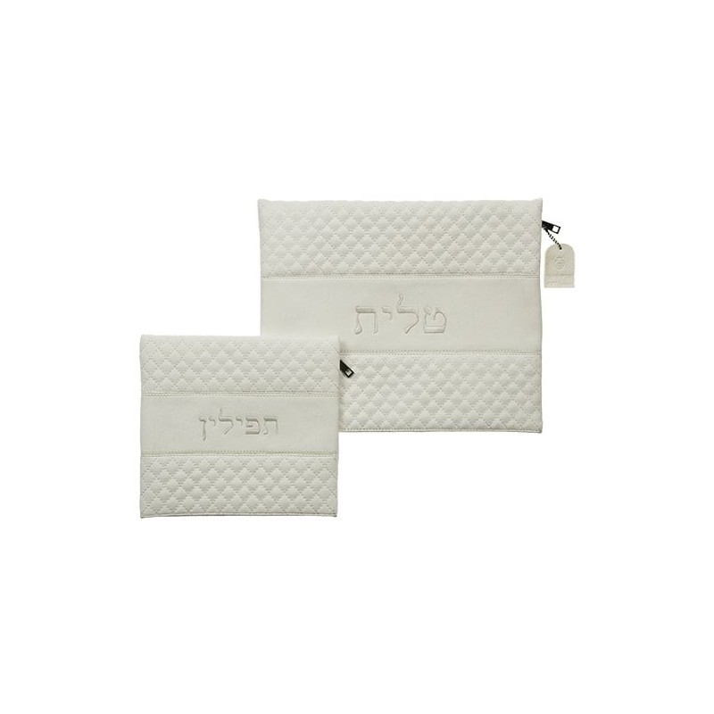 Embroidered White Faux Leather Tallit & Tefillin Bag Set