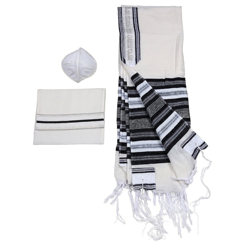 Handwoven Black & Silver Pattern Non-Slip Tallit (Prayer Shawl) Set fr
