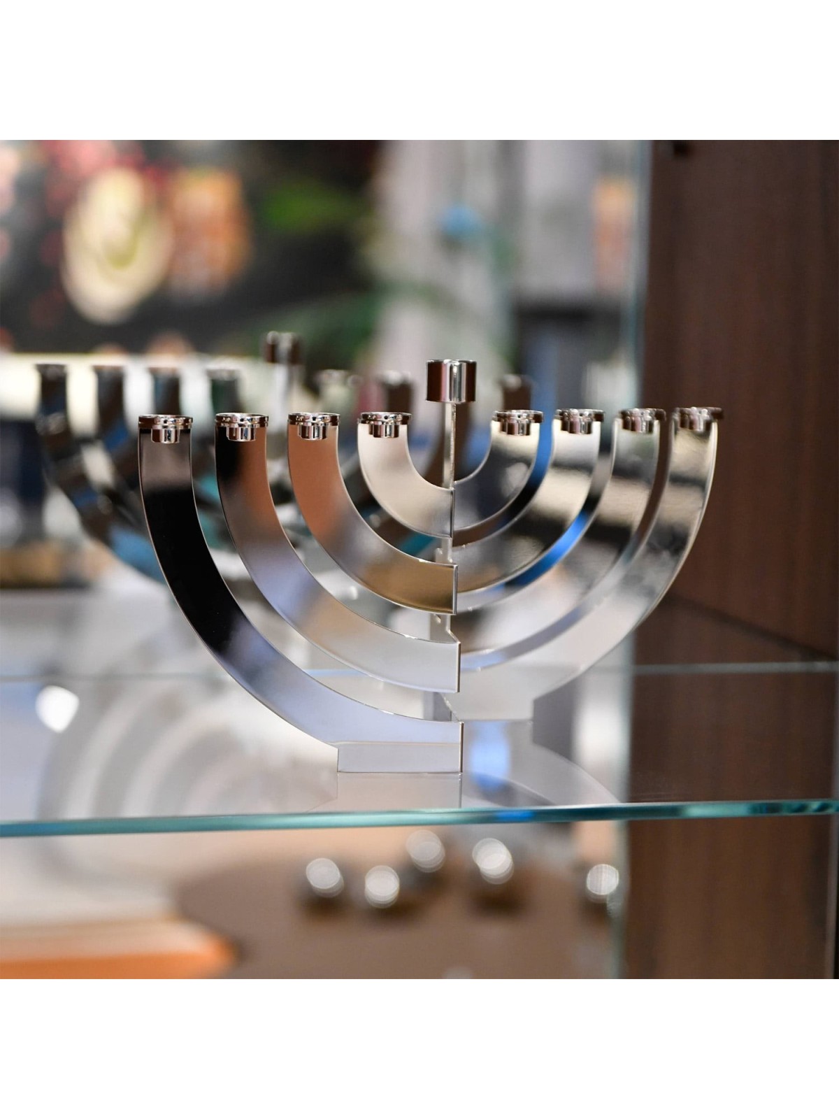 Modern Silver-Plated Oil Hanukkah Menorah with Round Branches by Hazor