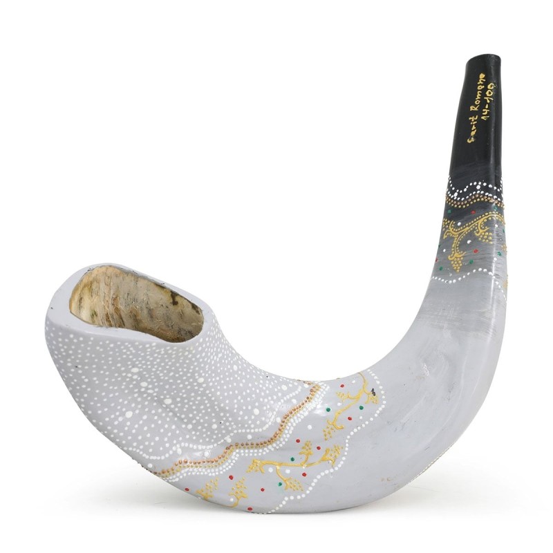 Hand Painted Ornate White and Black Shofar