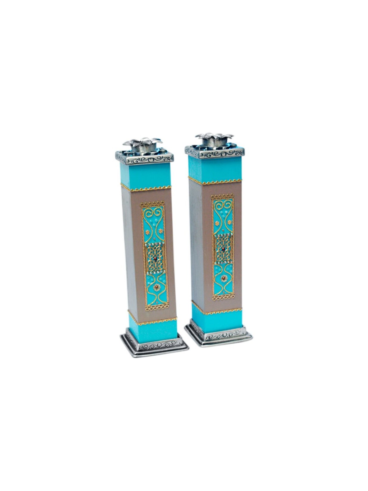 Ester Shahaf Turquoise Wood Pewter Candle... | Jewish Gift from Israel