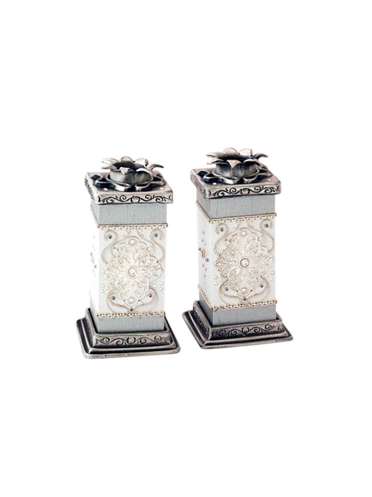 Ester Shahaf White Wood and Pewter Candle... | Jewish Gift from Israel