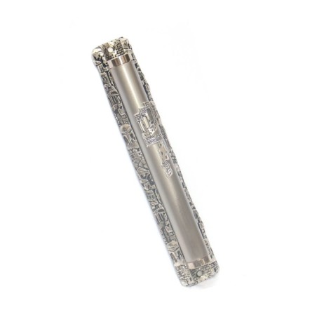 Pewter Plated Rounded Mezuzah Case Jerusalem Desig... | Pewter Mezuzah