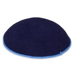 Knitted Navy Blue Kippah with Blue Border