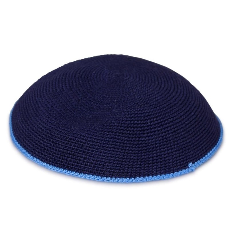 Knitted Navy Blue Kippah with Blue Border