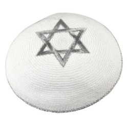 Knitted and Embroidered Star of David Kippah - Silver