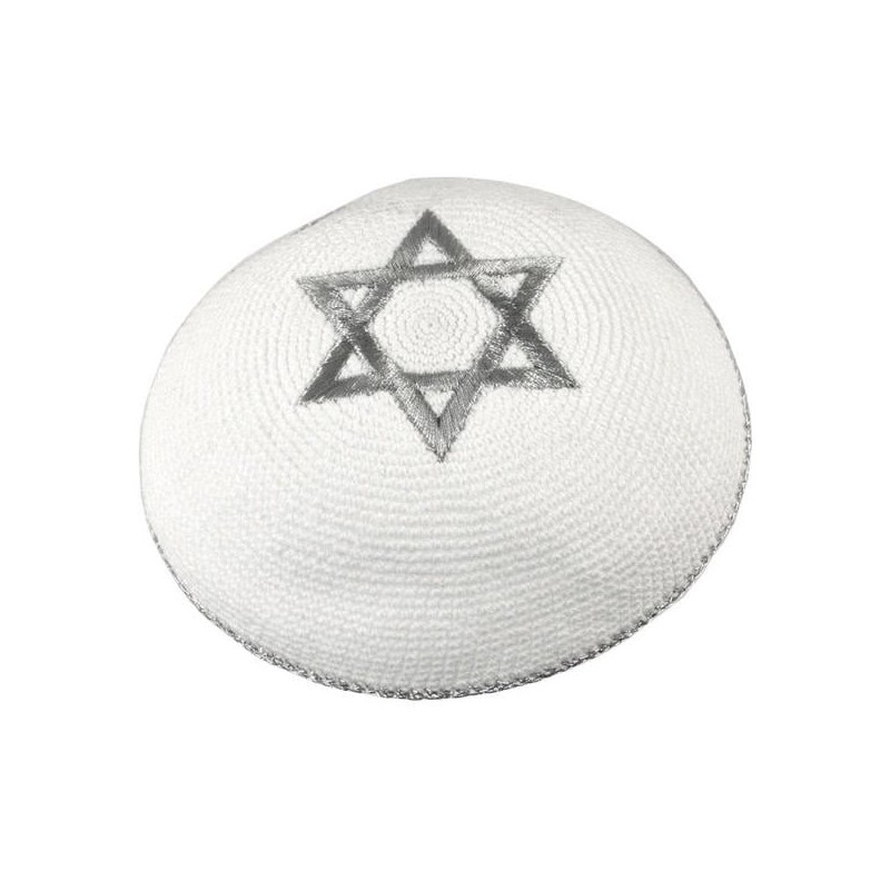 Knitted and Embroidered Star of David Kippah - Silver