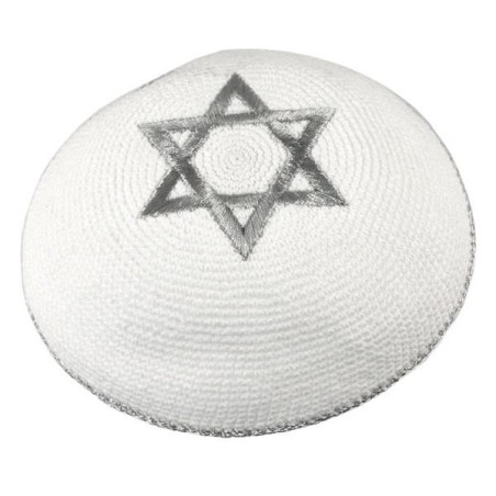 Knitted and Embroidered Star of David Kippah - Silver