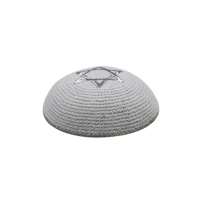 Knitted and Embroidered Star of David Kippah - Silver