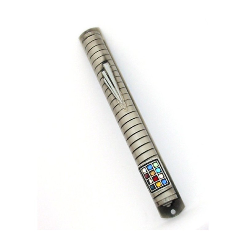 Pewter Mezuzah Case Colorful Twelve Tribe Breastpl... | Pewter Mezuzah