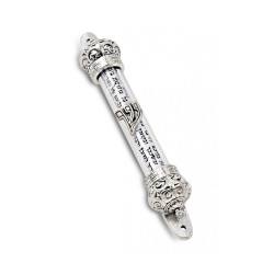 Small Silver colored Mezuzah Case with Shema Praye... | Pewter Mezuzah