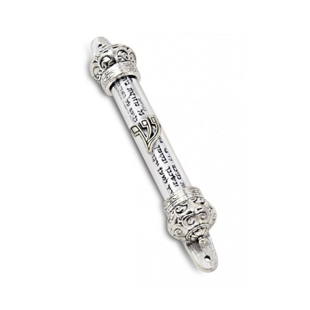 Small Silver colored Mezuzah Case with Shema Praye... | Pewter Mezuzah
