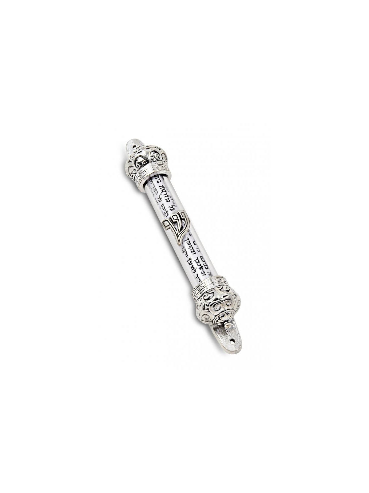 Small Silver colored Mezuzah Case with Shema Praye... | Pewter Mezuzah