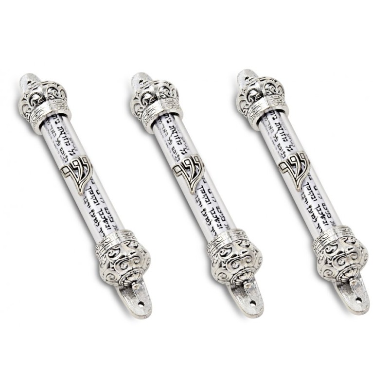 Small Silver colored Mezuzah Case with Shema Praye... | Pewter Mezuzah
