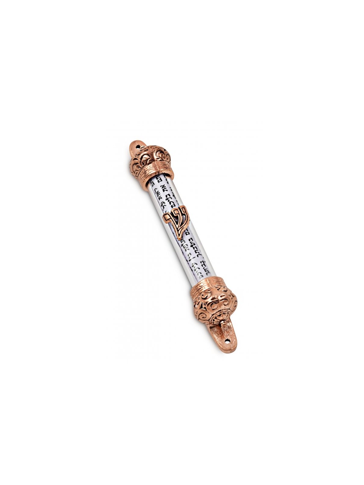 Small Bronze Colored Mezuzah Case with Shema Praye... | Pewter Mezuzah