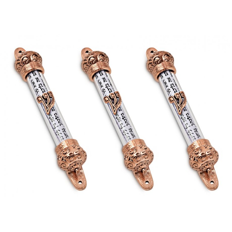 Small Bronze Colored Mezuzah Case with Shema Praye... | Pewter Mezuzah