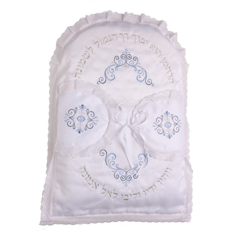 Rikmat Elimelech Swirls Bris Pillow - Blue and Silver